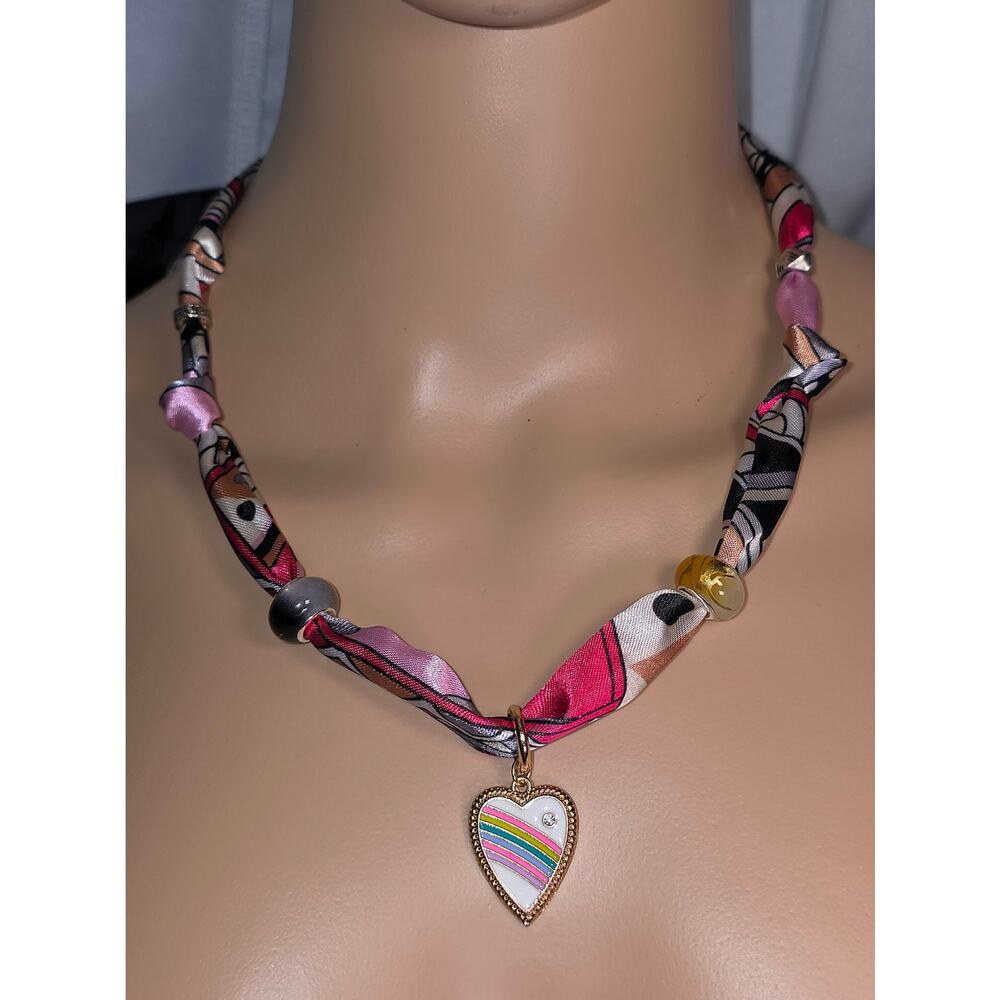 Title: "Rainbow Heart of Silk" Handmade Scarf Necklace